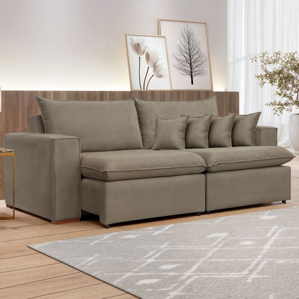 Sofá 4 Lugares Barcelona Retrátil Veludo/Bege Escuro - Celflex