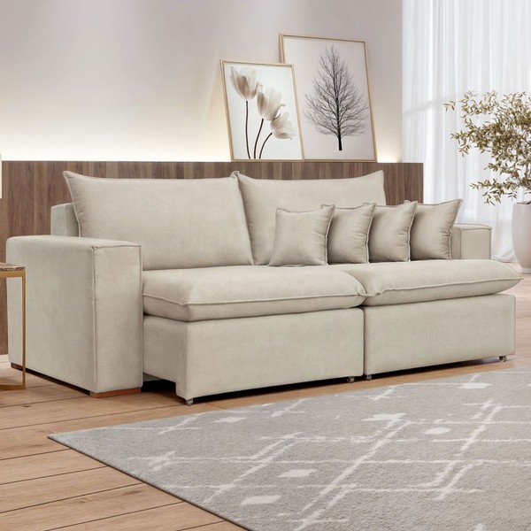 Sofá 4 Lugares Barcelona Retrátil Veludo/Bege Claro - Celflex