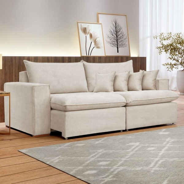 Sofá 4 Lugares Barcelona Retrátil Linho/Cru - Celflex