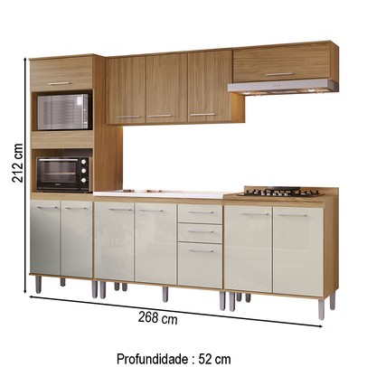 Armário de Cozinha com Balcão para Pia e Cooktop Elóra 12 Portas 2 Gavetas Naturalle/Cristalo - Pnr Móveis