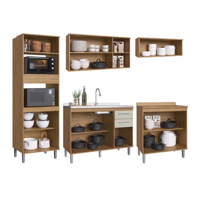 Armário de Cozinha com Balcão para Pia e Cooktop Elóra 12 Portas 2 Gavetas Naturalle/Cristalo - Pnr Móveis