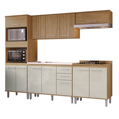 Armário de Cozinha com Balcão para Pia e Cooktop Elóra 12 Portas 2 Gavetas Naturalle/Cristalo - Pnr Móveis