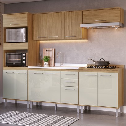 Armário de Cozinha com Balcão para Pia e Cooktop Elóra 12 Portas 2 Gavetas Naturalle/Cristalo - Pnr Móveis