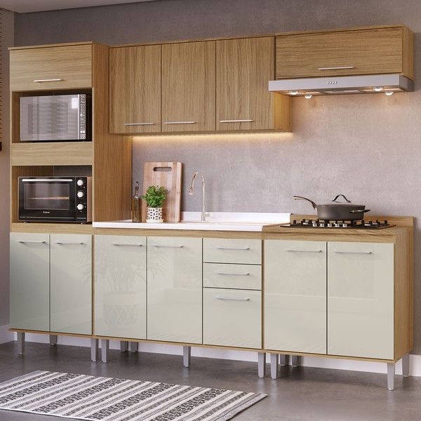 Armário de Cozinha com Balcão para Pia e Cooktop Elóra 12 Portas 2 Gavetas Naturalle/Cristalo - Pnr Móveis