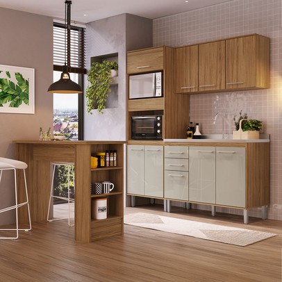 Armário de Cozinha com Bancada Elóra 9 Portas 2 Gavetas Naturalle/Cristalo - Pnr Móveis