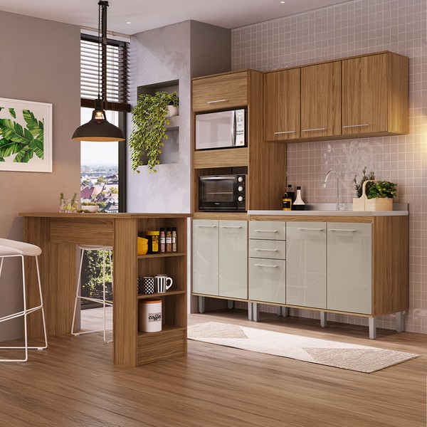 Armário de Cozinha com Bancada Elóra 9 Portas 2 Gavetas Naturalle/Cristalo - Pnr Móveis