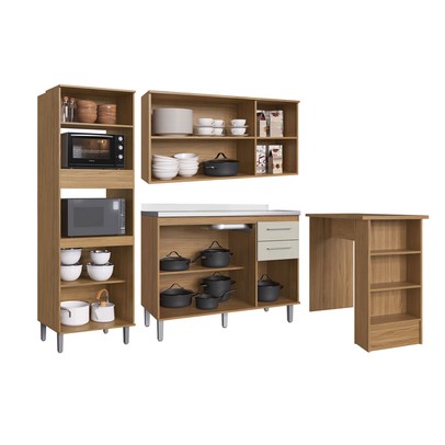 Armário de Cozinha com Bancada Elóra 9 Portas 2 Gavetas Naturalle/Cristalo - Pnr Móveis