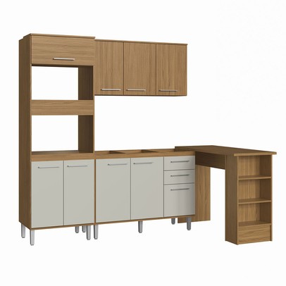 Armário de Cozinha com Bancada Elóra 9 Portas 2 Gavetas Naturalle/Cristalo - Pnr Móveis