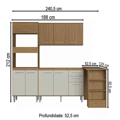 Armário de Cozinha com Bancada Elóra 9 Portas 2 Gavetas Naturalle/Cristalo - Pnr Móveis