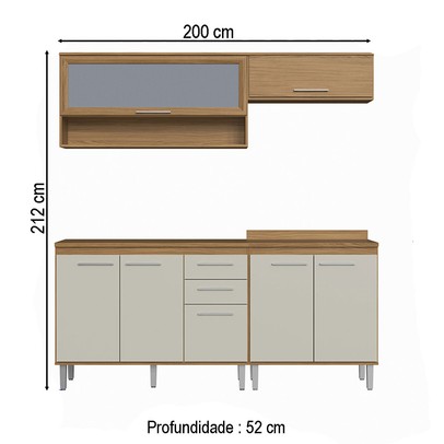 Armário de Cozinha com Balcão para Pia e Cooktop Elóra 7 Portas 2 Gavetas Naturalle/Cristalo - Pnr Móveis