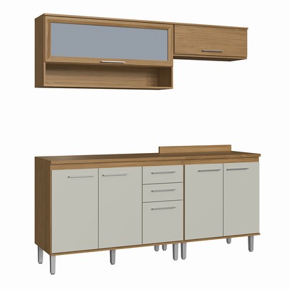 Armário de Cozinha com Balcão para Pia e Cooktop Elóra 7 Portas 2 Gavetas Naturalle/Cristalo - Pnr Móveis