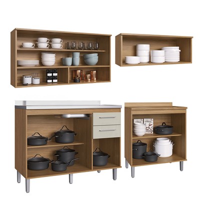 Armário de Cozinha com Balcão para Pia e Cooktop Elóra 7 Portas 2 Gavetas Naturalle/Cristalo - Pnr Móveis