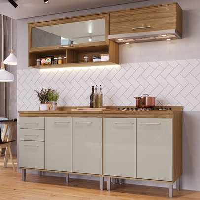 Armário de Cozinha com Balcão para Pia e Cooktop Elóra 7 Portas 2 Gavetas Naturalle/Cristalo - Pnr Móveis