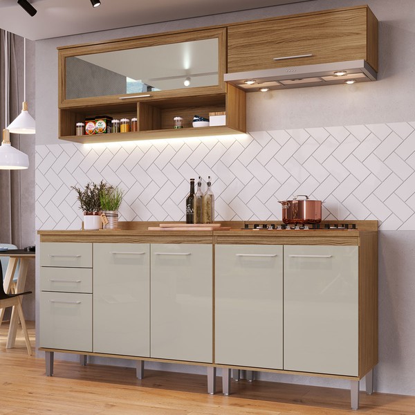 Armário de Cozinha com Balcão para Pia e Cooktop Elóra 7 Portas 2 Gavetas Naturalle/Cristalo - Pnr Móveis