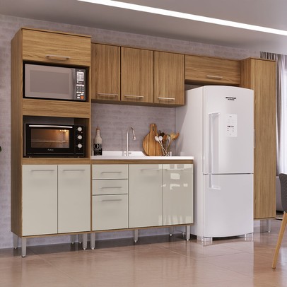 Armário de Cozinha com Balcão para Pia Elóra 11 Portas 2 Gavetas Naturalle/Cristalo - Pnr Móveis