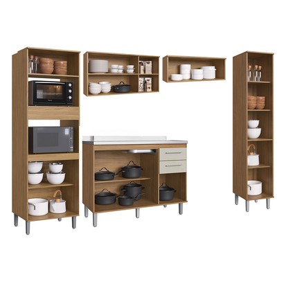 Armário de Cozinha com Balcão para Pia Elóra 11 Portas 2 Gavetas Naturalle/Cristalo - Pnr Móveis