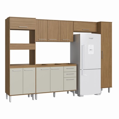 Armário de Cozinha com Balcão para Pia Elóra 11 Portas 2 Gavetas Naturalle/Cristalo - Pnr Móveis