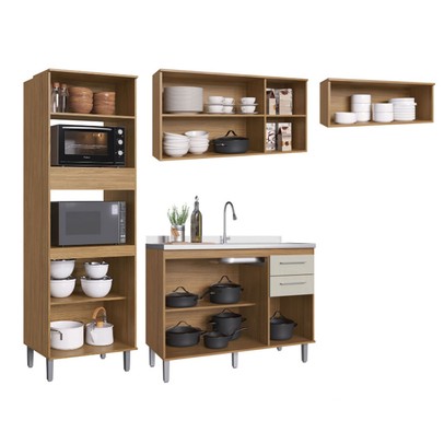 Armário de Cozinha com Balcão para Pia Elóra 10 Portas 2 Gavetas Naturalle/Cristalo - Pnr Móveis