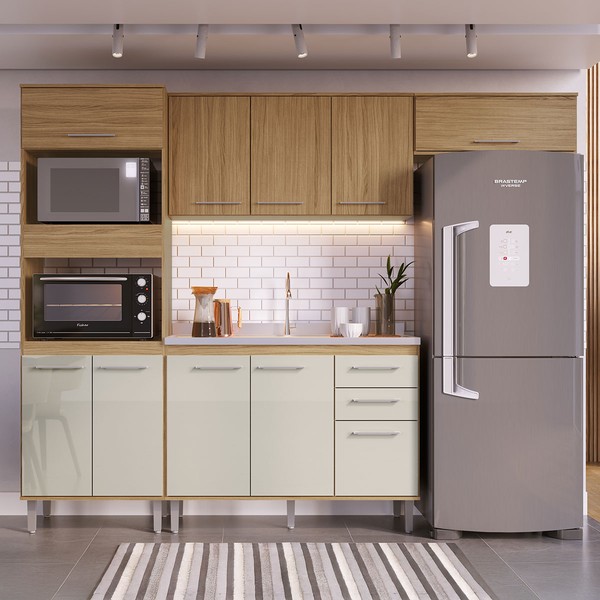 Armário de Cozinha com Balcão para Pia Elóra 10 Portas 2 Gavetas Naturalle/Cristalo - Pnr Móveis