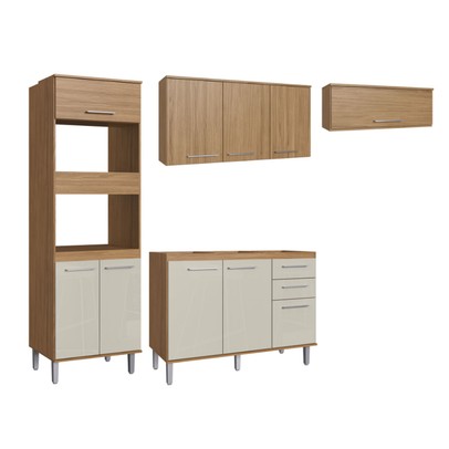 Armário de Cozinha com Balcão para Pia Elóra 10 Portas 2 Gavetas Naturalle/Cristalo - Pnr Móveis