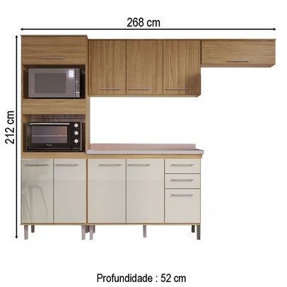Armário de Cozinha com Balcão para Pia Elóra 10 Portas 2 Gavetas Naturalle/Cristalo - Pnr Móveis
