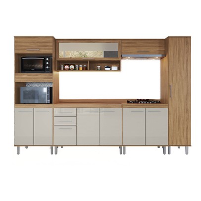 Armário de Cozinha Elóra com Balcão para Pia e Cooktop 11 Portas 2 Gavetas Naturalle/Cristalo - Pnr Móveis