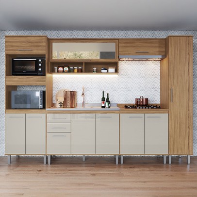 Armário de Cozinha Elóra com Balcão para Pia e Cooktop 11 Portas 2 Gavetas Naturalle/Cristalo - Pnr Móveis