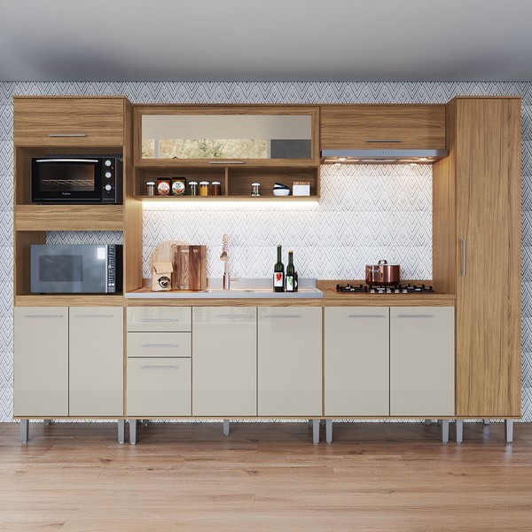 Armário de Cozinha Elóra com Balcão para Pia e Cooktop 11 Portas 2 Gavetas Naturalle/Cristalo - Pnr Móveis