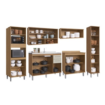 Armário de Cozinha Elóra com Balcão para Pia e Cooktop 11 Portas 2 Gavetas Naturalle/Cristalo - Pnr Móveis