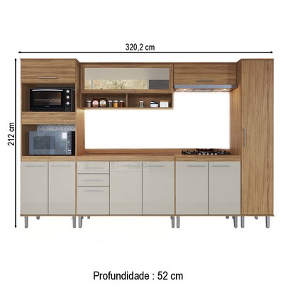 Armário de Cozinha Elóra com Balcão para Pia e Cooktop 11 Portas 2 Gavetas Naturalle/Cristalo - Pnr Móveis