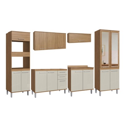 Armário de Cozinha com Balcão para Pia e Cooktop Elóra 16 Portas 2 Gavetas Naturalle/Cristalo - Pnr Móveis