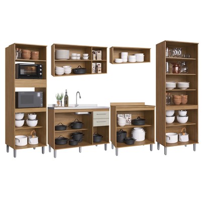 Armário de Cozinha com Balcão para Pia e Cooktop Elóra 16 Portas 2 Gavetas Naturalle/Cristalo - Pnr Móveis