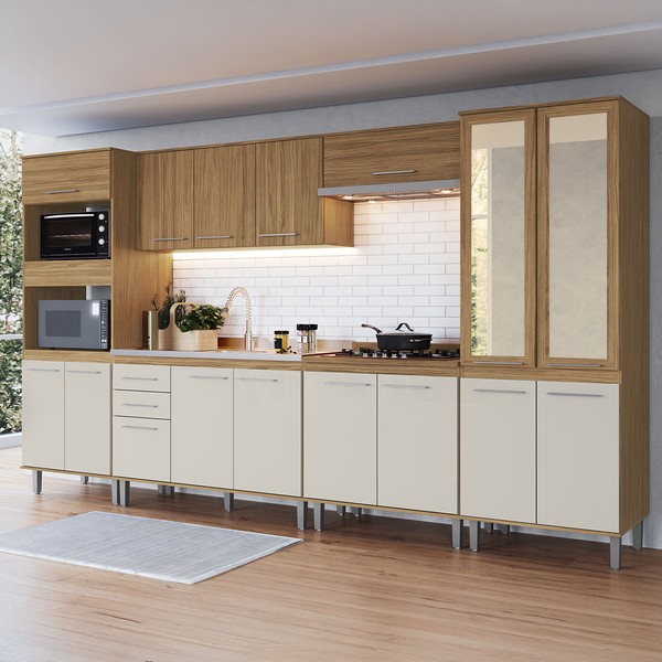 Armário de Cozinha com Balcão para Pia e Cooktop Elóra 16 Portas 2 Gavetas Naturalle/Cristalo - Pnr Móveis