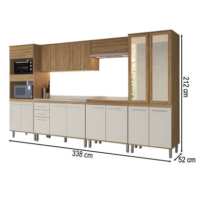 Armário de Cozinha com Balcão para Pia e Cooktop Elóra 16 Portas 2 Gavetas Naturalle/Cristalo - Pnr Móveis