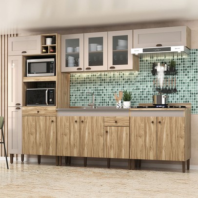 Armário de Cozinha com Balcão para Pia e Cooktop Carmem 13 Portas 2 Gavetas Carvalho Oak/Cristalo - Pnr Móveis