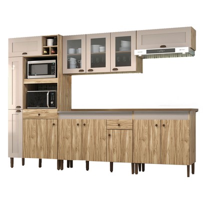 Armário de Cozinha com Balcão para Pia e Cooktop Carmem 13 Portas 2 Gavetas Carvalho Oak/Cristalo - Pnr Móveis