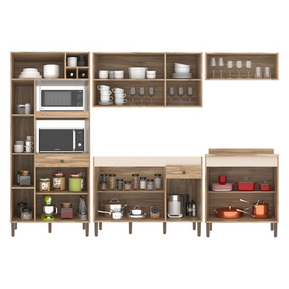 Armário de Cozinha com Balcão para Pia e Cooktop Carmem 13 Portas 2 Gavetas Carvalho Oak/Cristalo - Pnr Móveis