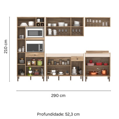 Armário de Cozinha com Balcão para Pia e Cooktop Carmem 13 Portas 2 Gavetas Carvalho Oak/Cristalo - Pnr Móveis