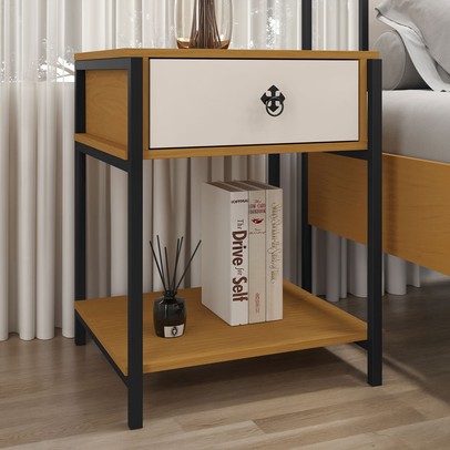 Mesa de Cabeceira Sevilha 1 Gaveta 1 Prateleira  Preto/Nature/Off White - Art Panta