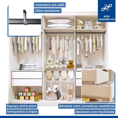 Guarda-Roupa Infantil Elô 3 Portas 4 Gavetas com Espelho Branco - Minastex
