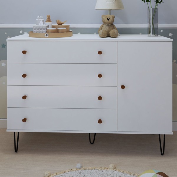 Cômoda Infantil Aurora 1 Porta 4 Gavetas Branco - Minastex