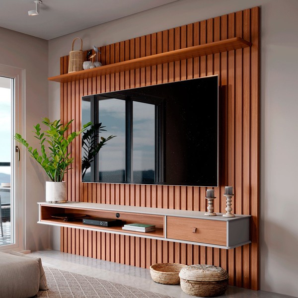 Painel para TV Até 65 Polegadas Tasmânia 1 Prateleira Ripado Nature - Pnr Móveis