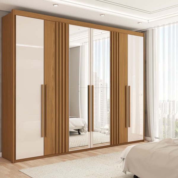 Guarda-Roupa Casal Palm 6 Portas 4 Gavetas com Espelho Flex Nature/Off White - Panorama Móveis
