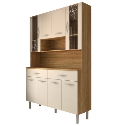 Armário de Cozinha com Balcão Sansa 8 Portas 2 Gavetas com Vidro Freijó/Soft - Panorama Móveis