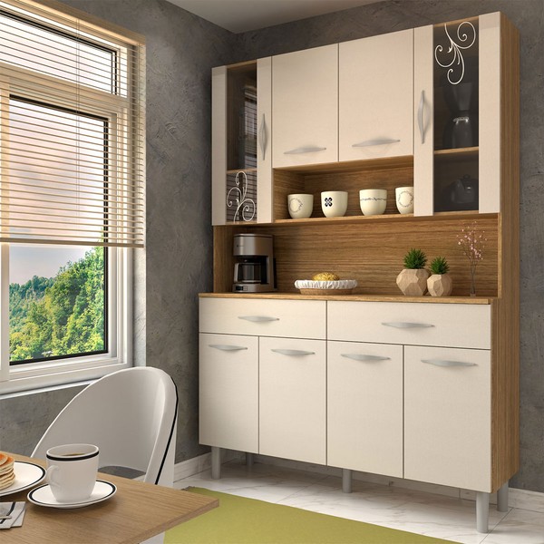 Armário de Cozinha com Balcão Sansa 8 Portas 2 Gavetas com Vidro Freijó/Soft - Panorama Móveis