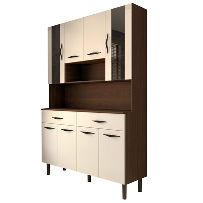 Armário de Cozinha com Balcão Sansa 8 Portas 2 Gavetas com Vidro Nogueira/Off White - Panorama Móveis