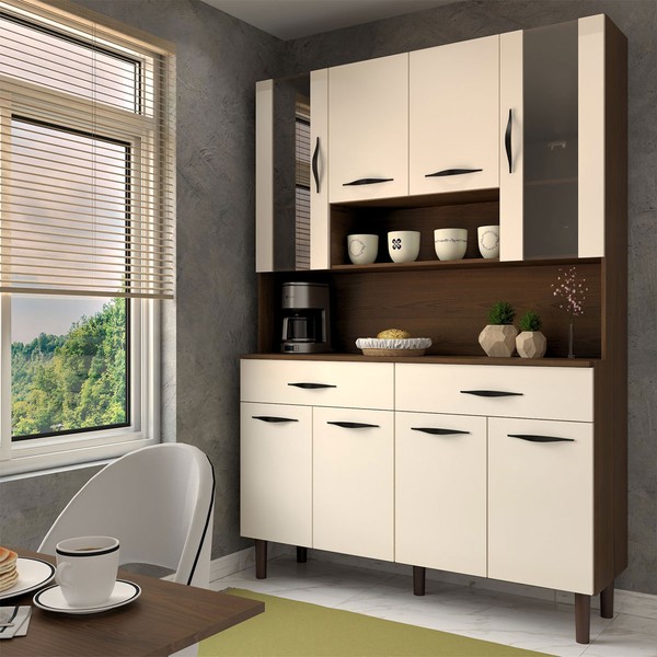 Armário de Cozinha com Balcão Sansa 8 Portas 2 Gavetas com Vidro Nogueira/Off White - Panorama Móveis