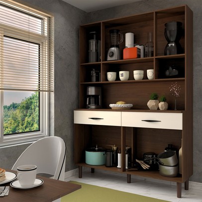Armário de Cozinha com Balcão Sansa 8 Portas 2 Gavetas com Vidro Nogueira/Off White - Panorama Móveis