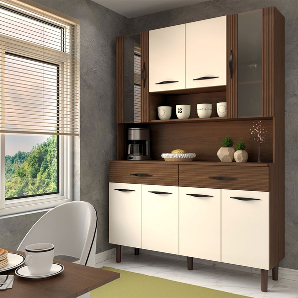 Armário de Cozinha com Balcão Sansa 8 Portas 2 Gavetas com Vidro Ripado 3d Nogueira/Off White - Panorama Móveis