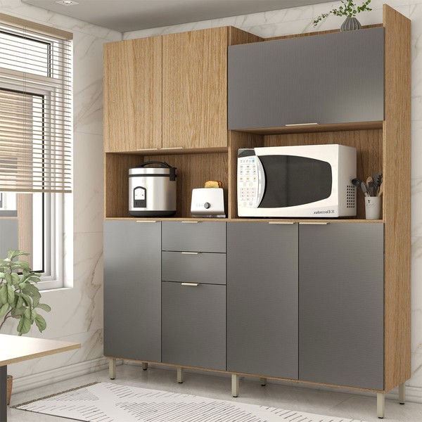 Cozinha Compacta Salsa 7 Portas 2 Gavetas Amêndola/Grafito Prime Tx - Panorama Móveis